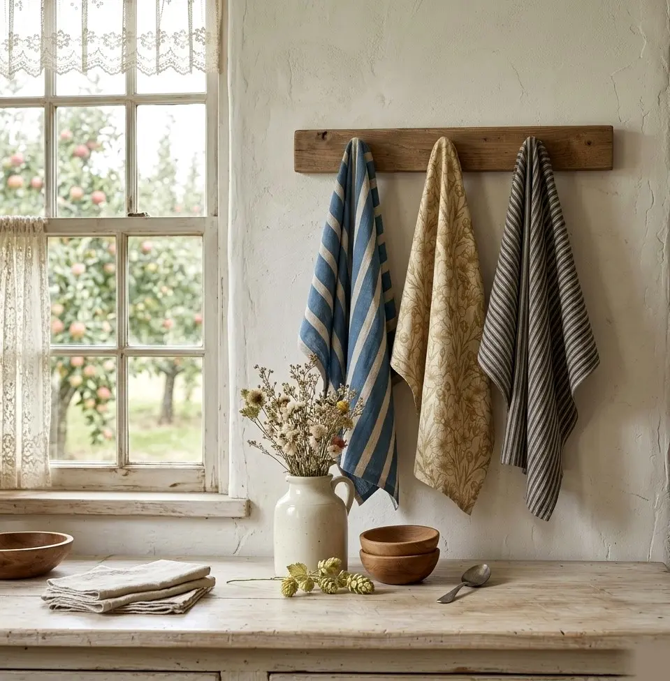 Nathalie Hall linen tea towels in a cottage kitchen